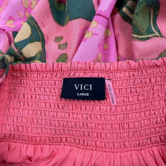 Vici Women's Kenedy Tropical Sweetheart Mini Dress Large Pink Linen Blend - Picture 3 of 16